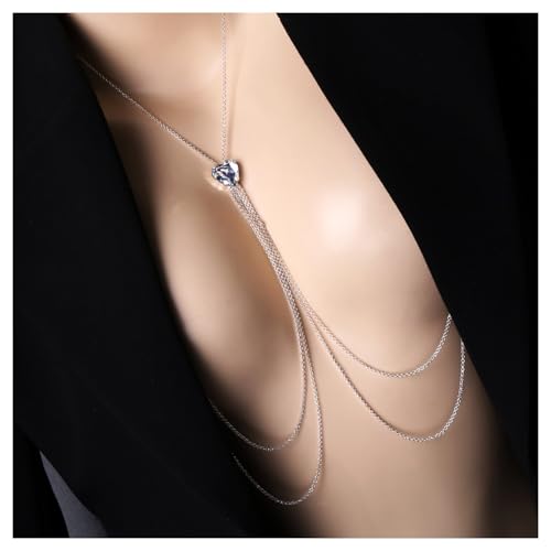 Crystal Heart Non Piercing Nipple Chain Layered Tassel Chest Chain Jewelry Festival Nipple Accessory Jewelry for Women - color: Silver