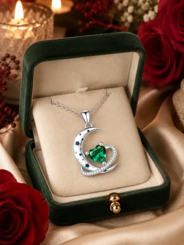 Birthstone Necklace for Women White Gold Moon and Star Pendant Moon Jewelry Anniversary Birthday Gifts for Mom Wife Her - color: 05. May - Emerald