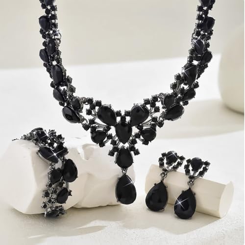 Crystal Bridal Jewelry Set, Floral Statement Necklace, Earrings, Bracelet, Wedding Accessories - color: Black