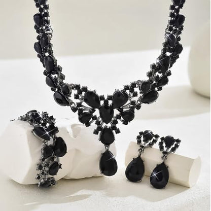 Crystal Bridal Jewelry Set, Floral Statement Necklace, Earrings, Bracelet, Wedding Accessories - color: Black