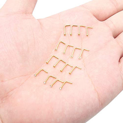 Hoeudjo Nose Studs Surgical Steel Cubic Zirconia Nose Rings Kit for Women Men Tiny Nose Stud Screw & Bone & L Shaped Nostril Rings Piercing Jewelry 22 Gauge 16 Pieces - color: L-shaped nose ring, gold-tone