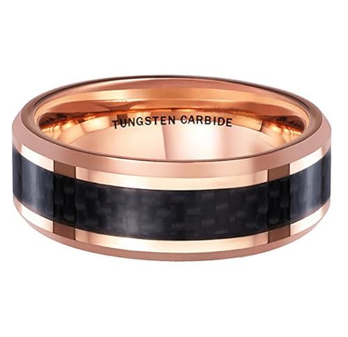 (8mm) Unisex or Men's Tungsten Carbide Wedding Ring Band. Rose Gold Tone band with Black Carbon Fiber Inlay. - size: 10