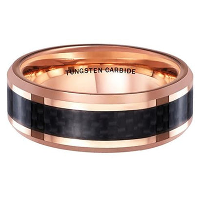 (8mm) Unisex or Men's Tungsten Carbide Wedding Ring Band. Rose Gold Tone band with Black Carbon Fiber Inlay. - size: 7