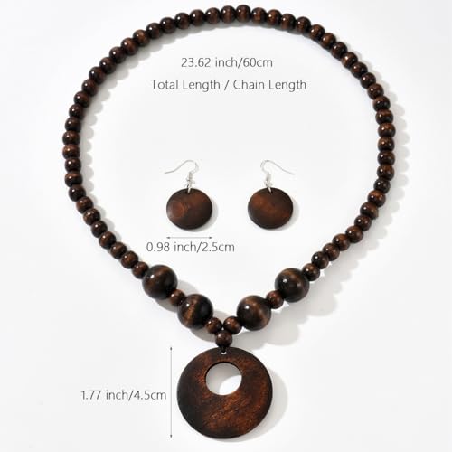 LOTSOF Boho Wooden Beaded Necklace and Earring Set for Women, Bohemian Chunky Statement Costume Jewelry, Round Drop Pendant Retro Ethnic Accessories Ladies Gift - color: Brown
