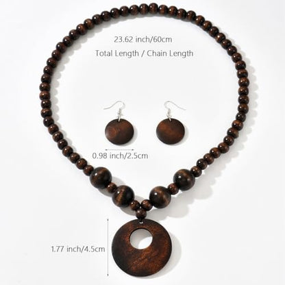 LOTSOF Boho Wooden Beaded Necklace and Earring Set for Women, Bohemian Chunky Statement Costume Jewelry, Round Drop Pendant Retro Ethnic Accessories Ladies Gift - color: Brown