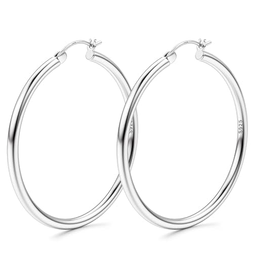 MILACOLATO S925 Sterling Silver Post Hoop Earrings 14K Gold Plated Hoops 3mm Chunky Large Big Hoop Earrings Hypoallergenic Lightweight Earrings for Women 15/20/30/40/50/60/70mm - style: silver-50mm(1.97inch)