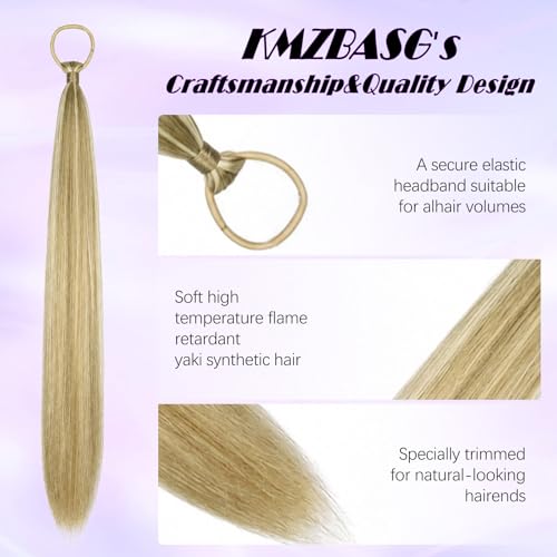 Ponytail Extension with Hair Tie DIY Braided Ponytail Extension for Woman 2 PCS Warp Around Yaki Straight Sleek Hairpieces Light and Soft Fluffy Stayle Ponytail for Women Daily Party Use - color: Mixed Blonde with Platinum Highlight