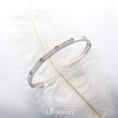 555Jewelry Womens Sparkling Cubic Zirconia Secure Hinge Lock Bangle Stainless Steel Bracelet - color: Silver
