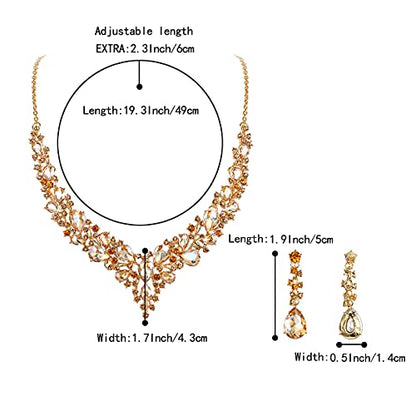 Women's Wedding Statement Necklace Dangle Earring Jewelry | Austrian Crystal Teardrop Cluster,Necklaces Earrings Set for Bride Bridesmaid,Prom Accessories - color: 12-Champagne Gold-Plated-Base