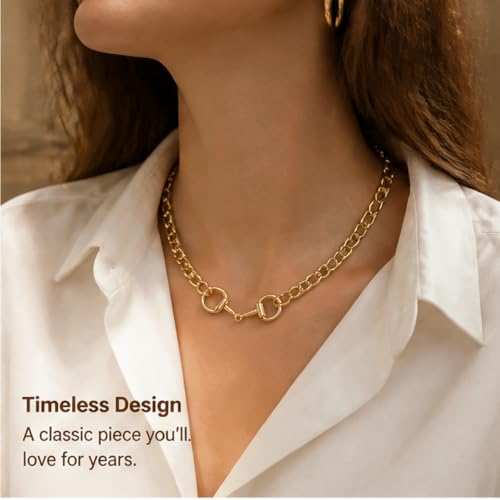 Chunky Gold Horsebit Pendant Necklace for Women | Western Statement Curb Chain Necklace, Trendy Equestrian Jewelry for Daily Outfit, Rodeo Party & Holiday Gift