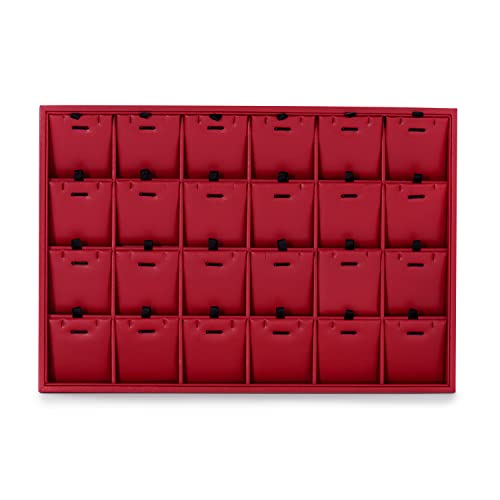 Oirlv Gorgeous Red Leather 24 Grid Jewelry Tray with Removable Inserts Jewelry Cards Stackable Necklace Trays Necklace Drawer Organizer | 24 Necklace Sections,Removable Insert Cards,Anti-Tangle Design,Space-Saving Event Display,13.8×9.5Inch - color: Red,