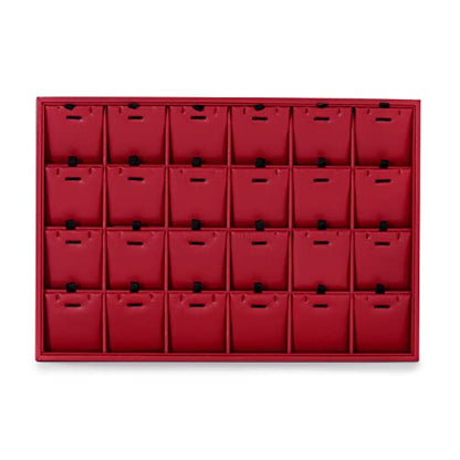 Oirlv Gorgeous Red Leather 24 Grid Jewelry Tray with Removable Inserts Jewelry Cards Stackable Necklace Trays Necklace Drawer Organizer | 24 Necklace Sections,Removable Insert Cards,Anti-Tangle Design,Space-Saving Event Display,13.8×9.5Inch - color: Red,