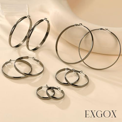 EXGOX 5mm Wide Gold Hoop Earrings for Women,Sterling Silver Hoop Earrings Large Silver Hoop Earrings Hypoallergenic Lightweight 14K Real Gold Plated Big Hoop Earrings for Women 30/40/50/60/70mm - color: Black Hoop-30mm