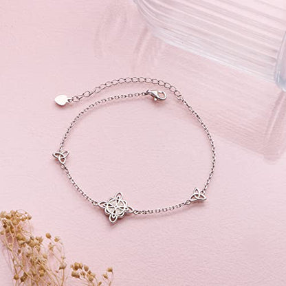 FLYOW 925 Sterling Silver Good Luck Irish Jewelry Triquetra Trinity Celtic Witches Knot Bracelet for Women - color: Silver