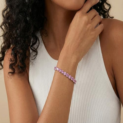 KEZEF Tennis Bracelet for Women, 7mm Round CZ, Silver Plated Brass, 6.5–8 Inch, Fold-Over Clasp - color: Pink CZ, size: 7 Inch