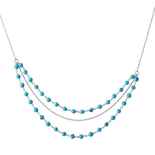CloseoutWarehouse Simulated Turquoise Bead Triple Strand Necklace Rhodium Plated Sterling Silver - color: Rhodium Plated