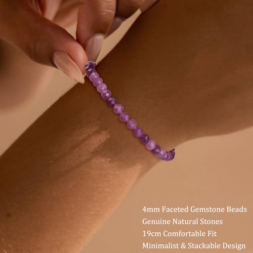 Natural Faceted Crystal Bracelet for Women,4mm Gemstone Round Beads Bracelets Adjustable Stretchy Healing Crystal Beads Bracelets Dainty Jewelry Gift - color: Amethyst