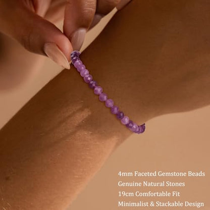 Natural Faceted Crystal Bracelet for Women,4mm Gemstone Round Beads Bracelets Adjustable Stretchy Healing Crystal Beads Bracelets Dainty Jewelry Gift - color: Amethyst