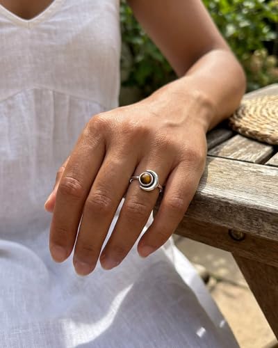 Sun and Moon Ring, Adjustable Natural Stone Rings for Women & Men, Boho Celestial Jewelry for Daily Wear - color: Tiger's Eye