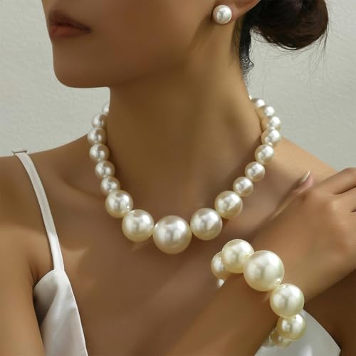 Pearl Jewelry Set for Women Pearl Necklace and Earring Set Bridal Jewelry Set for Wedding Elegant Pearl Jewelry - color: A3:Set-Chunky3