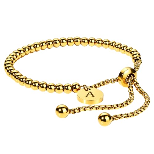 Waterproof Non Tarnish PVD 18K Gold Plated Stainless Steel Beaded Bracelets for Women, Hypoallergenic Dainty Initial Letter Charm Beaded Stackable Adjustable Bracelets, Love Knot Oval Bangles Single & Gift Sets Birthday Jewelry for Her - color: gold-A