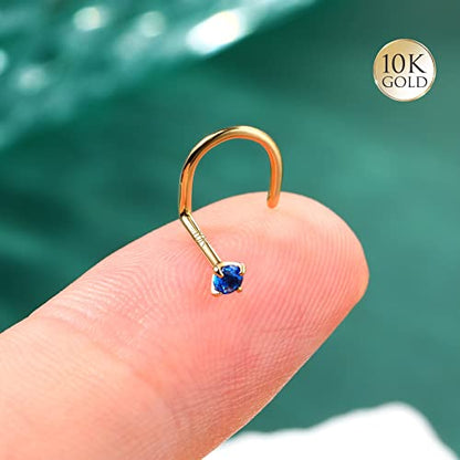 COCHARM 10k Solid Gold Clear CZ Nose Stud 20g 10K Yellow Gold Nose Screw Nose Rings Hypoallergenic S Shape Nose Piercing For Women Men - color: Navy