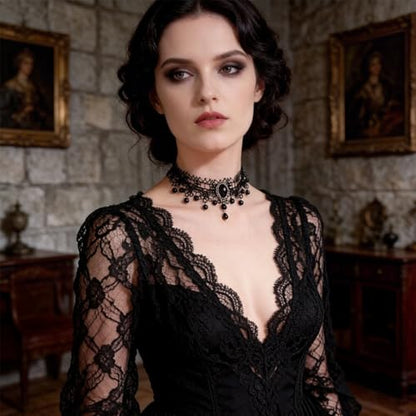 Goth Black Lace Choker Necklace for Women Gothic Vampire Necklace Halloween Victorian Dress Costume Accessories - color: Black3