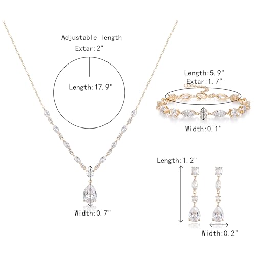 Teardrop Marquise Cubic Zirconia Wedding Prom Jewelry Set for Women Bridal | Silver/Gold/Rose Gold Plated, Pear Cut Pendant Necklace Drop Earrings Link Bracelet, for Bride Bridesmaid, for Banquet Party - style: B_Three Set, Gold (Teardrop)