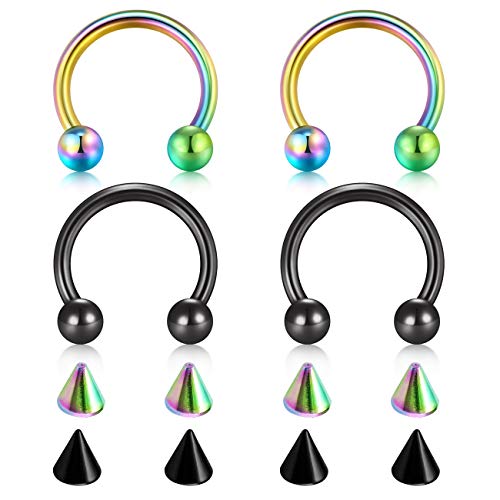 D.Bella 22G 20G 18G 16G 14G 12G 10G 8G 6G 4G 2G 0G 00G Surgical Steel Nose Septum Horseshoe Hoop Eyebrow Lip Navel Belly Nipple Piercing Ring Helix Tragus Daith Rook Captive Earrings Replacement Spikes - color: A3 -4pcs, rainbow & black, size: 16g,10mm in