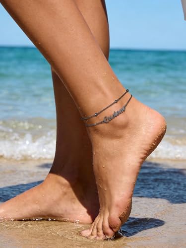 Custom4U Custom Name Anklet Bracelets for Women Waterproof Beaded/Figaro/Cuban/Rope/Wheat Chain Anklet Stackable Gold Plated Non Tarnish Custom Beach Gift Barefoot Summer Jewelry for Her - color: A03-Black Beaded Chain