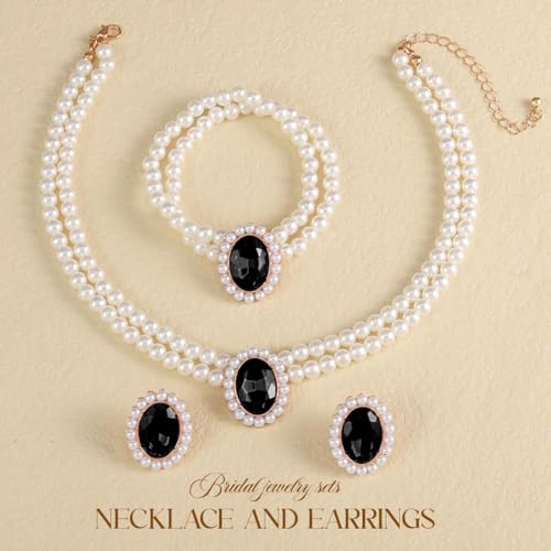 Brishow Pearl Necklace Jewelry Set Wedding Pearls Earrings Necklaces Set Bridal Crystal Bracelet Jewelry for Women (Pack of 3) - color: Black, size: 2 Layered
