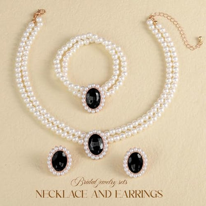 Brishow Pearl Necklace Jewelry Set Wedding Pearls Earrings Necklaces Set Bridal Crystal Bracelet Jewelry for Women (Pack of 3) - color: Black, size: 2 Layered