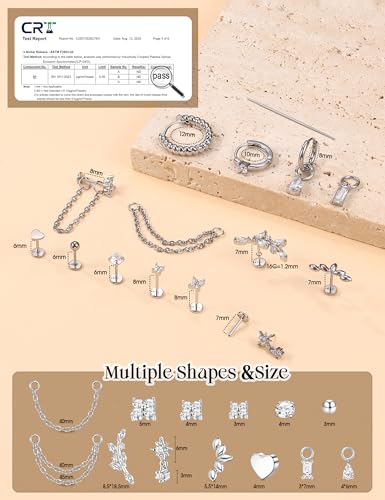 ORAZIO 16G/18G/20G Threadless Flat Back Earrings Push in Nose Rings Studs | 316L Surgical Steel Cartilage Earring Stacks Flatback Hypoallergenic Tragus Helix Conch Labret Medusa Piercing Jewelry - color: Style2-Silver, size: 16G=1.2mm