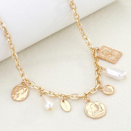 Charm Necklace for Women Gold Evil Eye Sun Moon Flower Coin Pendant Necklace Dainty Paperclip Chain Vintage Luck Amulet Choker Necklaces Celestial Jewelry Gift - style: 7 Charms- Angel,Pearl