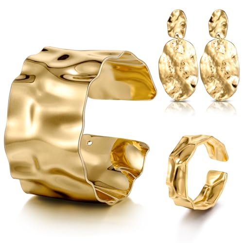 Misdary 3 Pcs Jewelry Gifts Set Bracelets Earrings Ring Cuff Bangle for Women Wedding Birthday Gifts - color: Gold, style: Hammered