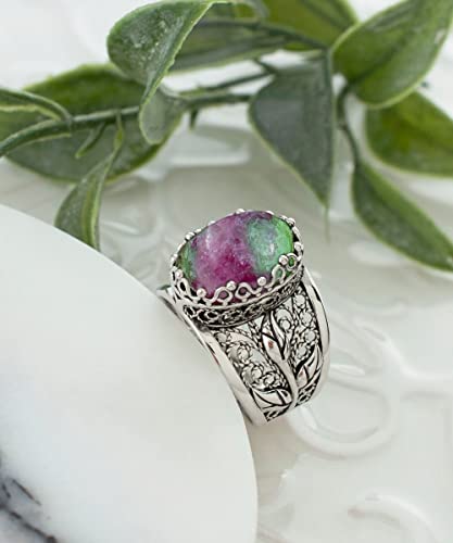 Filigranist 925 Sterling Silver Filigree Art Lace Embroidery Tulip Detailed Gemstone Women Cocktail Ring, Luxurious Gift Boxed - color: Ruby Zoisite
