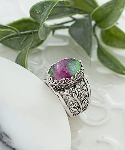 Filigranist 925 Sterling Silver Filigree Art Lace Embroidery Tulip Detailed Gemstone Women Cocktail Ring, Luxurious Gift Boxed - color: Ruby Zoisite
