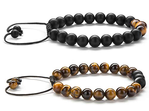 Men Women 8mm Tiger Eye Stone Beads Bracelet - color: 2 Pcs Set 1-21018