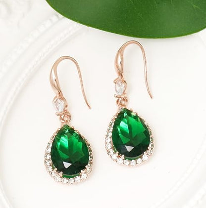 Crystal Drop Earrings for Women Cubic Zirconia Teardrop Earrings Sparkling Rhinestone Dangle Earring - color: Gold Green