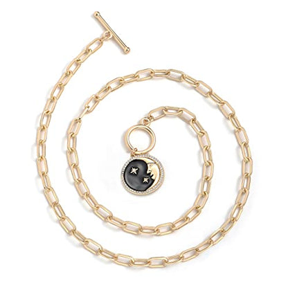 DoreenBeads 18K Gold Sun Moon Star Compass Pendant Necklace | Chunky Toggle Paperclip Chain Necklace with Heart Daisy Bee Charms for Women Girls 20 Inches - color: Man in the Moon