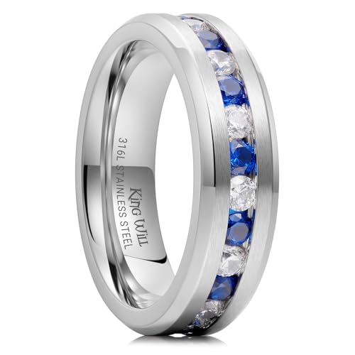 King Will 316L Stainless Steel Wedding Band for Men Cubic Zirconia Inlay | Silver-Tone, 6/7/8mm, Comfort Fit, Durable, Zirconia inlay, Promise Gift - color: Steekl-White&Blue-6mm