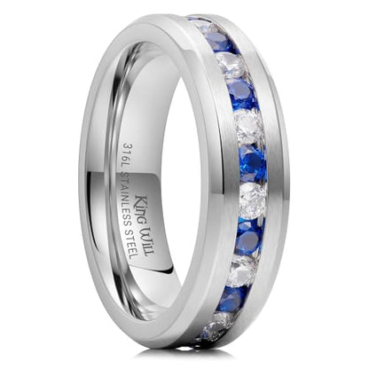 King Will 316L Stainless Steel Wedding Band for Men Cubic Zirconia Inlay | Silver-Tone, 6/7/8mm, Comfort Fit, Durable, Zirconia inlay, Promise Gift - color: Steekl-White&Blue-6mm