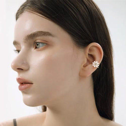 Cute Daisy Flower Ear Cuff Earring Cartilage Clip On Non Piercing Lovely Sweet 14K Gold Plated White/Pink Enamel Floral Fake Huggie Hoops Earrings for Women Hypoallergenic Fashion Trendy Jewelry Gifts 14*15mm - color: White