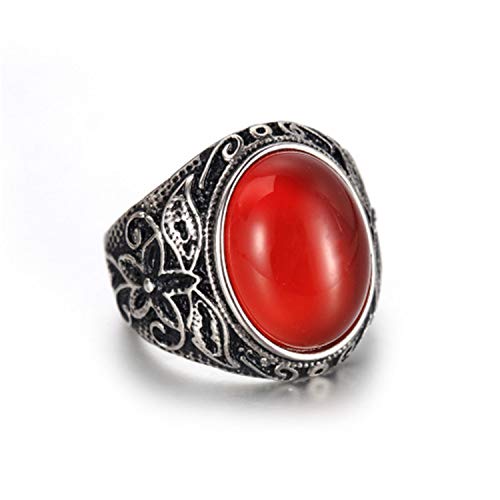 Retro Unisex Stainless Steel Oval Gemstone Hollow Flower Carved Signet Ring - color: Silver-Red