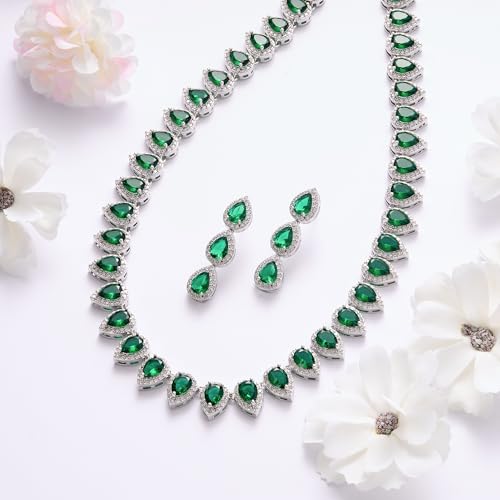EleQueen Women's Silver-Tone Full Prong Cubic Zirconia Teardrop Bridal Necklace Earrings Set - color: 04-Emerald Color