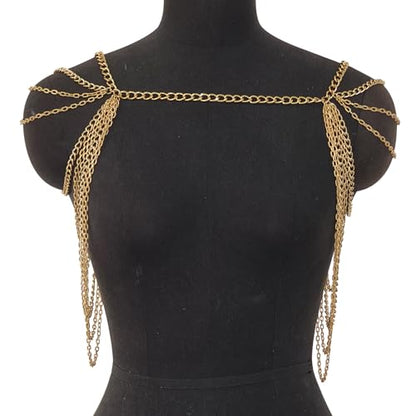 Gold Punk Shoulder Body Chain Jewelry Sexy Multi-layered Tassel Arm Chain Festival Rave Body Chain Summer Beach Back Chain Jewelry for Women Backless