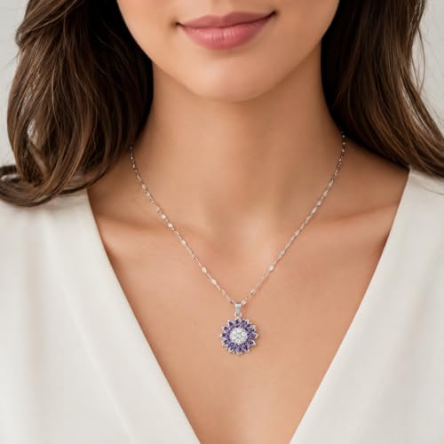 Sunflower Fidget Necklace for Women Gold Moon Necklace Rotating Heart Necklaces Spinning Crystal Flower Anxiety Necklaces Crescent Moons Jewelry Accessories - color: Silver Purple