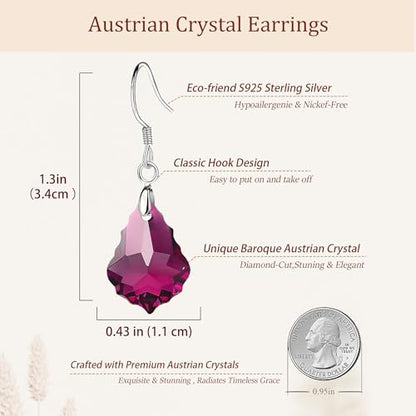Austrian Crystal Baroque Drop Dangle Earrings for Women 925 Sterling Silver Hook Hypoallergenic Jewelry - color: Fuchsia