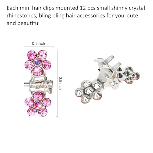 ANBALA 65PCS Mini Pink Flower Hair Clips with Rhinestone Mini Glitter Teeth Rhinestone Flower Hair Accessories - No-Slip Grip Metal Jaw Clamps for Girls Women (Silver-Pink Crystal) - color: Pink