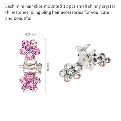 ANBALA 65PCS Mini Pink Flower Hair Clips with Rhinestone Mini Glitter Teeth Rhinestone Flower Hair Accessories - No-Slip Grip Metal Jaw Clamps for Girls Women (Silver-Pink Crystal) - color: Pink
